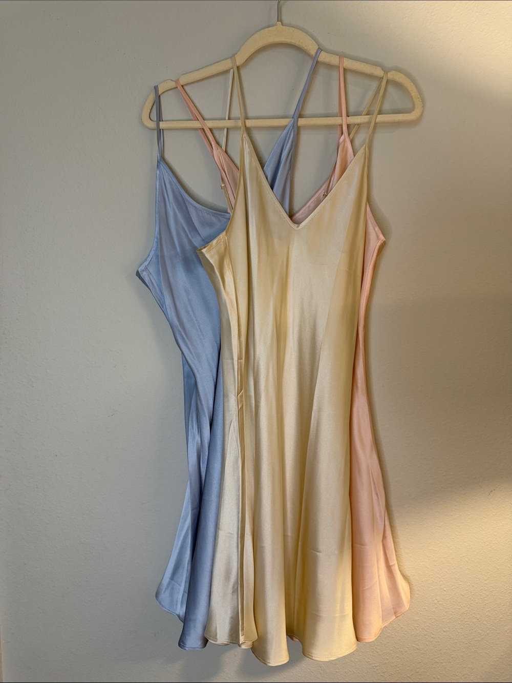 Silk Maison V-Neck Slip Dresses in Blue, Cream & Pink